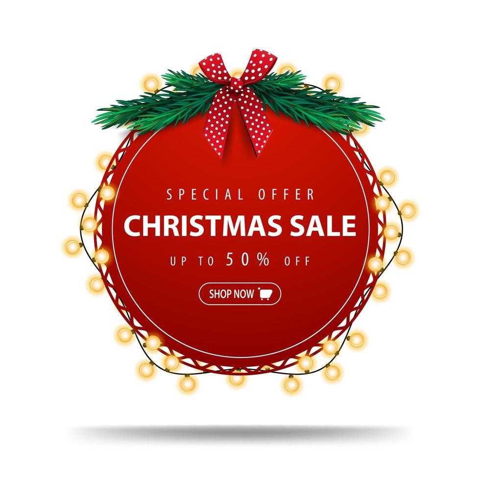 Special offer, Christmas sale, up to 50 off, round red discount banner wrapped with garland isolated on white background vector