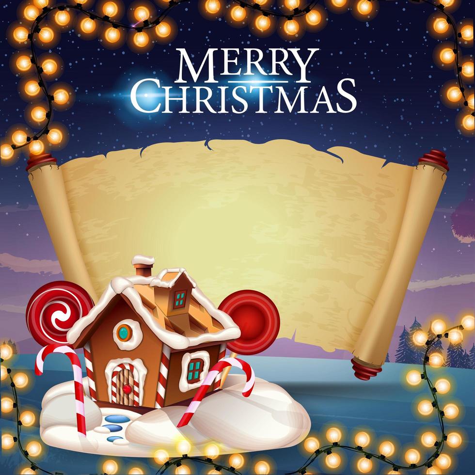 Merry Christmas, greeting postcard with Christmas gingerbread house, old parchment for your text and beautiful winter landscape on the background vector