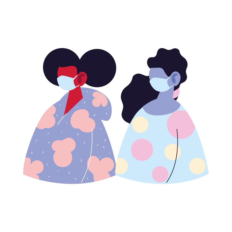 women avatars cartoons with masks and pullovers vector design