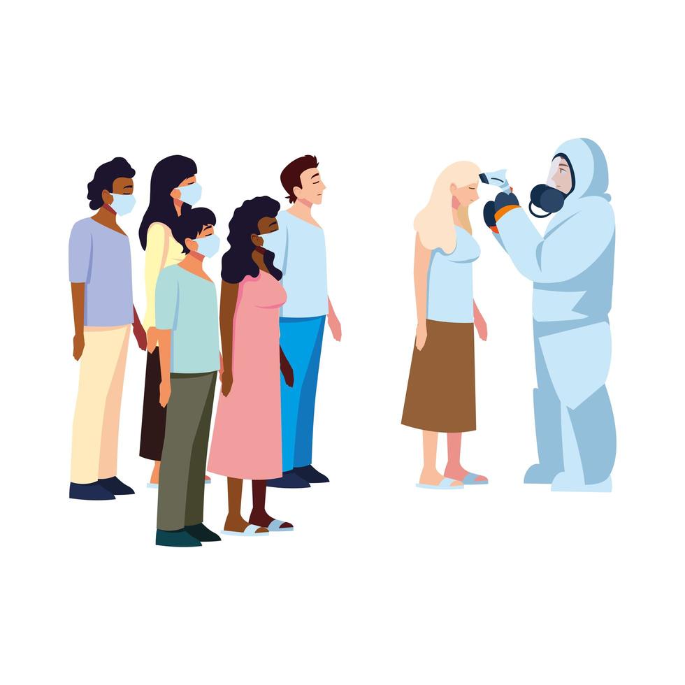 Doctor with protective suit and thermometer gun checking people temperature vector design