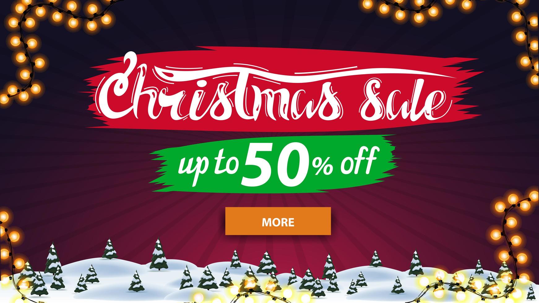 Christmas sale, up to 50 off, discount banner with button and purple winter landscape vector