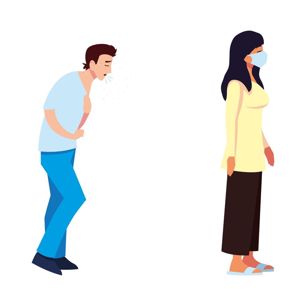 Hombre y mujer sintiéndose enfermos y con diseño de vector de máscara