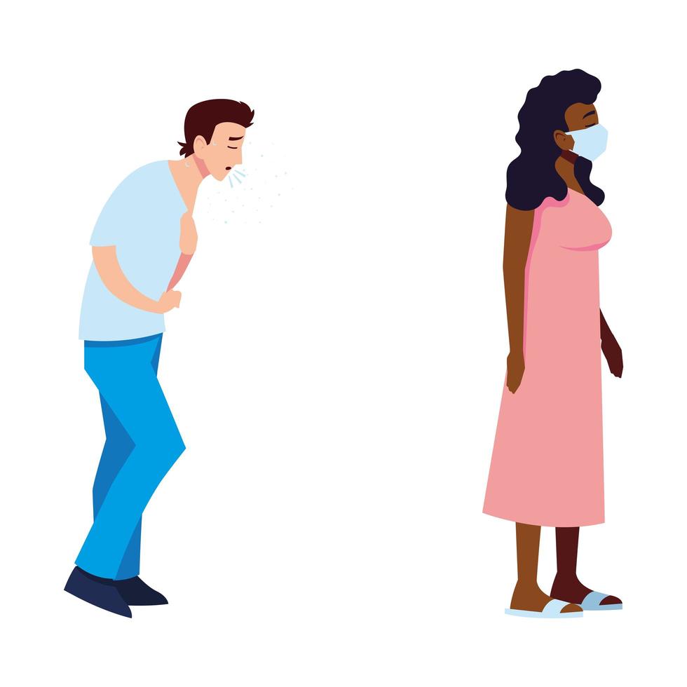 Hombre y mujer sintiéndose enfermos y con diseño de vector de máscara