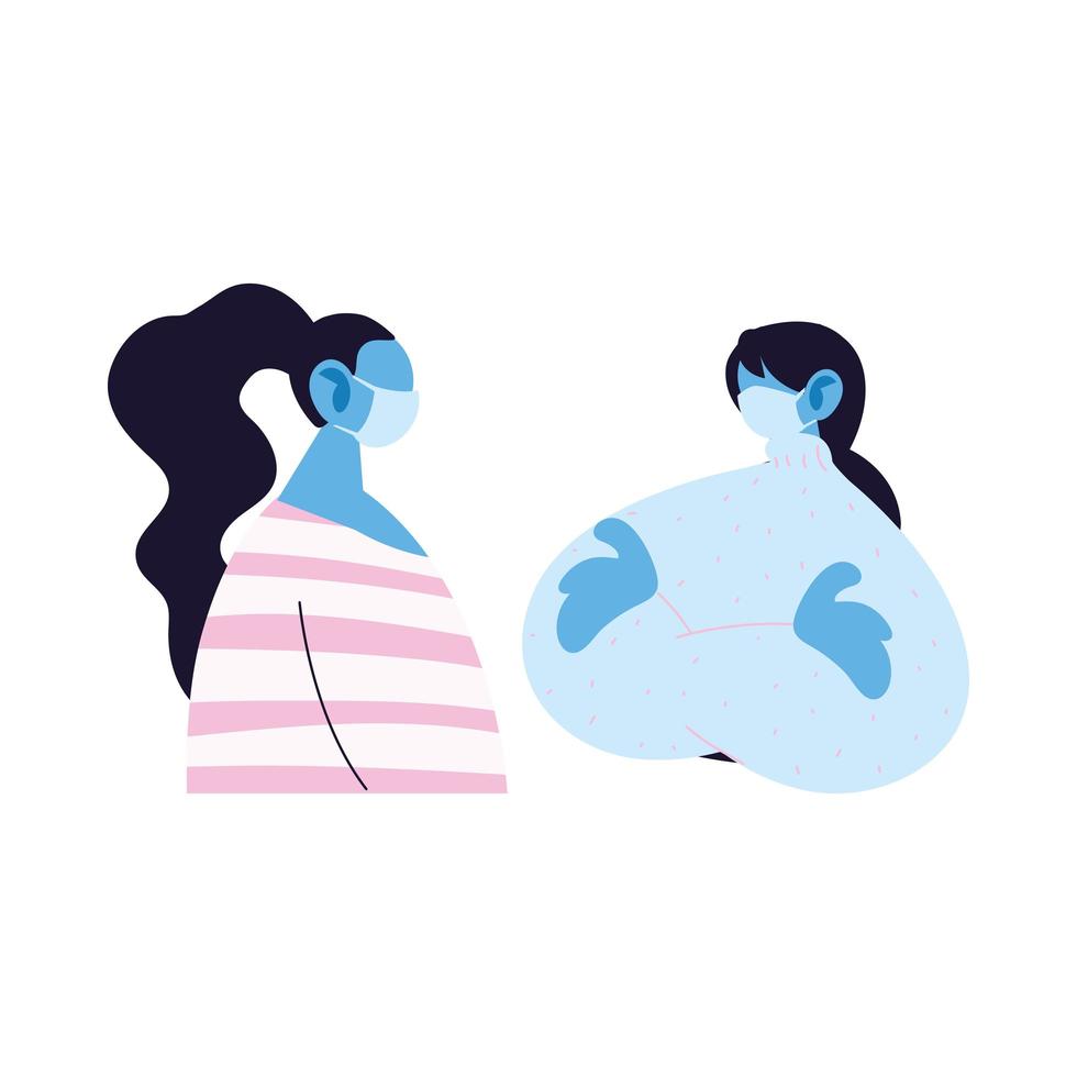 women avatars cartoons with masks and pullovers vector design
