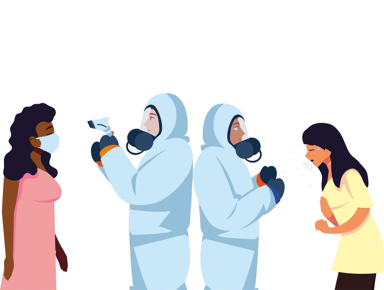 Doctors with protective suits and thermometer gun checking women temperature vector design