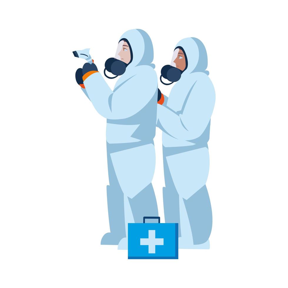 Doctors with protective suits and thermometer gun vector design