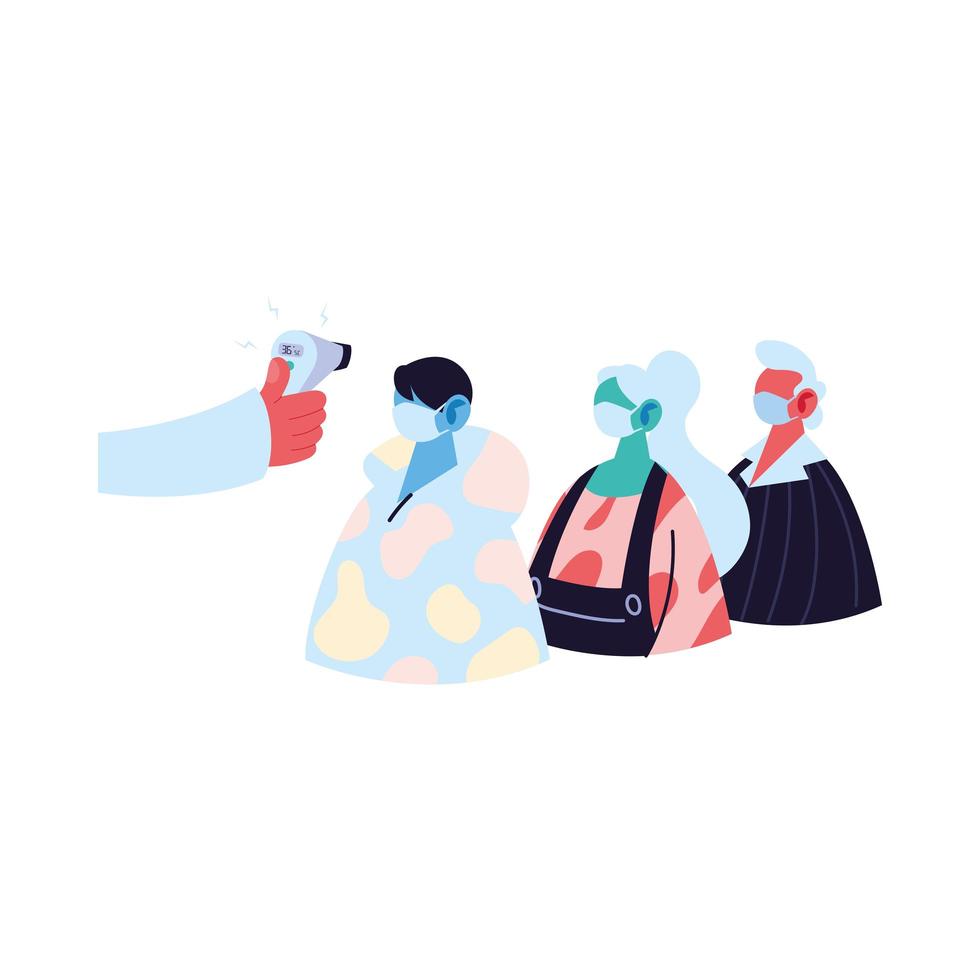 Hand holding thermometer gun checking people temperature vector design