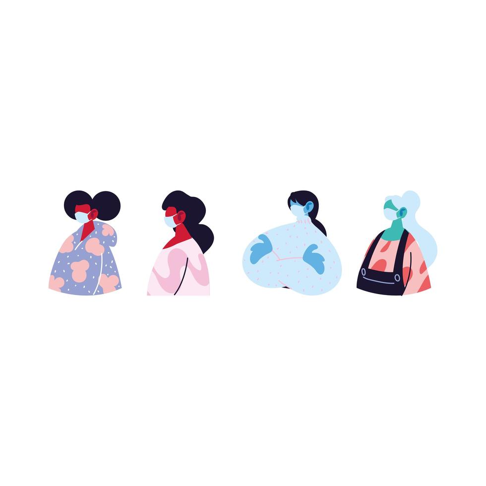 women avatars cartoons with masks and pullovers vector design