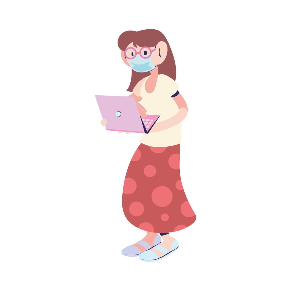 woman with mask working on the computer vector
