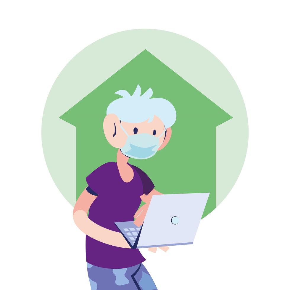 man with mask working at home vector