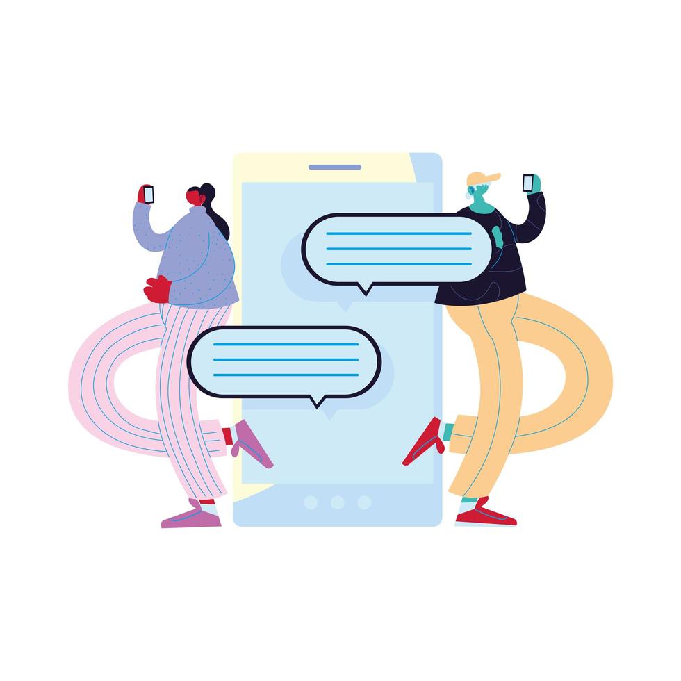 Woman and man cartoon with smartphone and bubbles vector design
