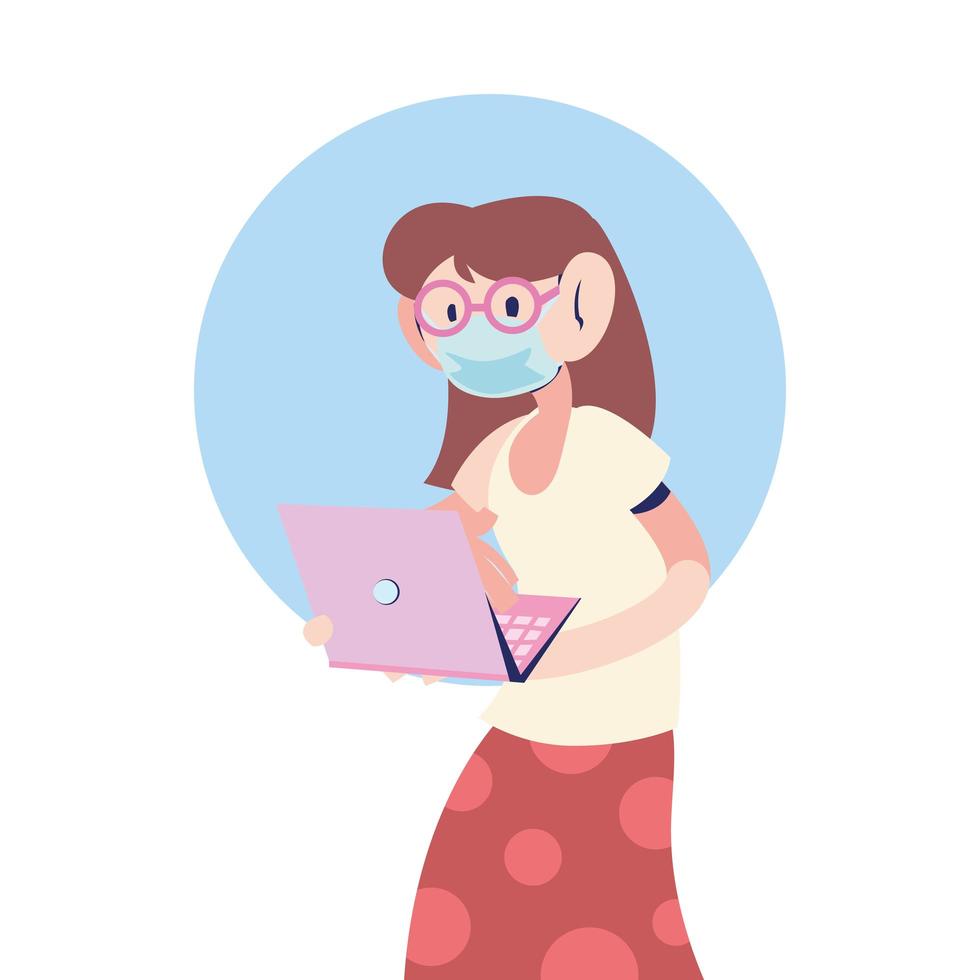 woman with mask working on the computer vector