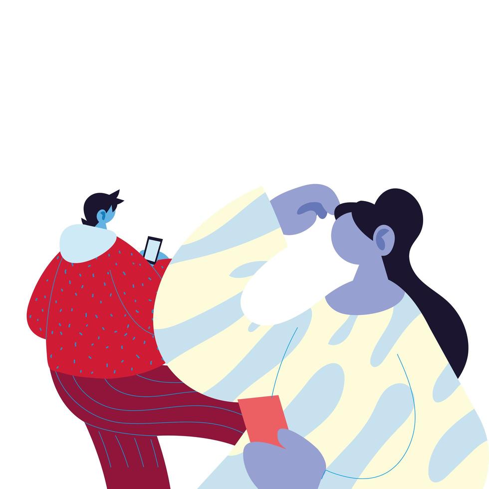 caricatura de mujer y hombre con diseño de vector de teléfono inteligente