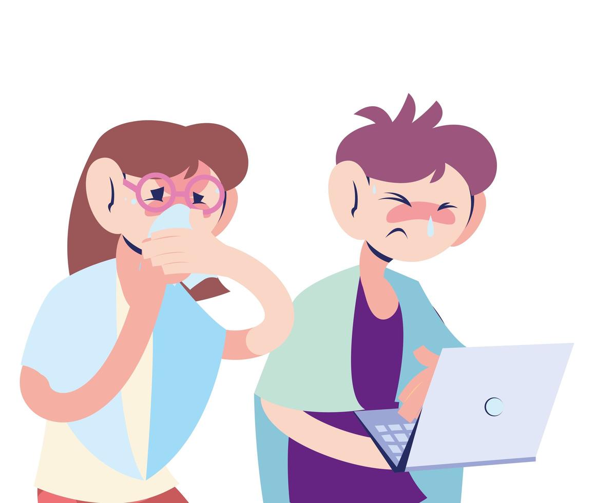 sick couple working at the computer vector