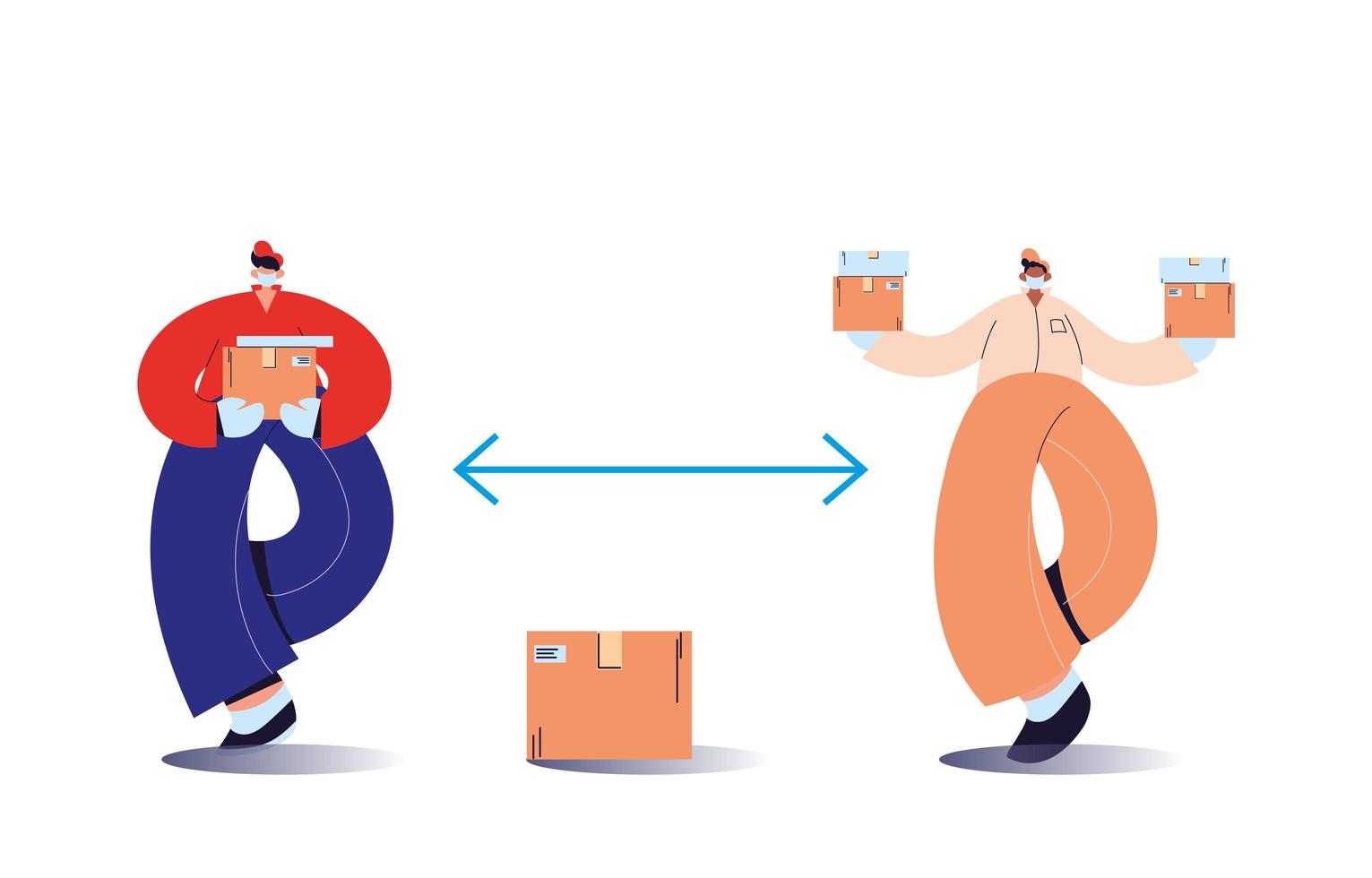 men wearing face masks and delivering packages with distance rules vector