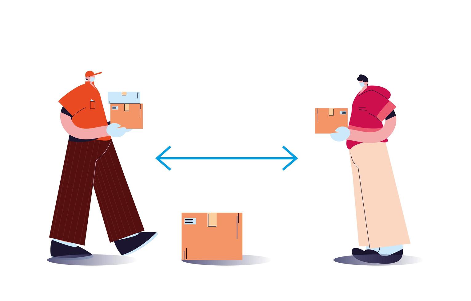 men wearing face masks and delivering packages with distance rules vector