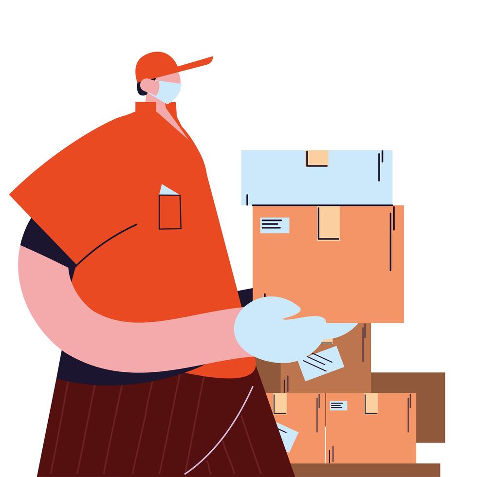 courier with mask, gloves, and shipping packages vector