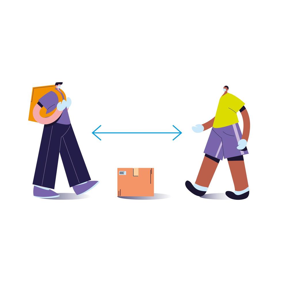 men wearing face masks and delivering packages with distance rules vector