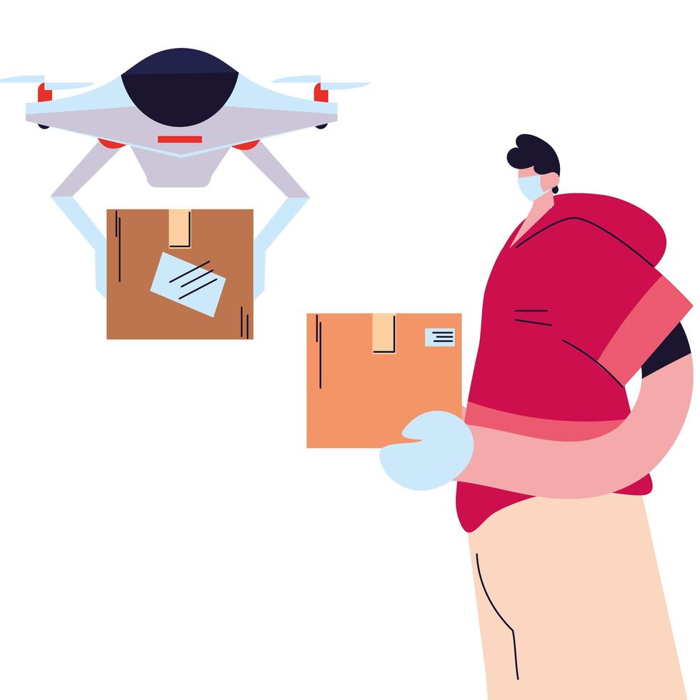 man with mask, gloves and messenger drone vector