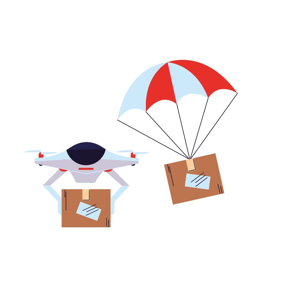 Drone delivering a package and a package with a parachute vector