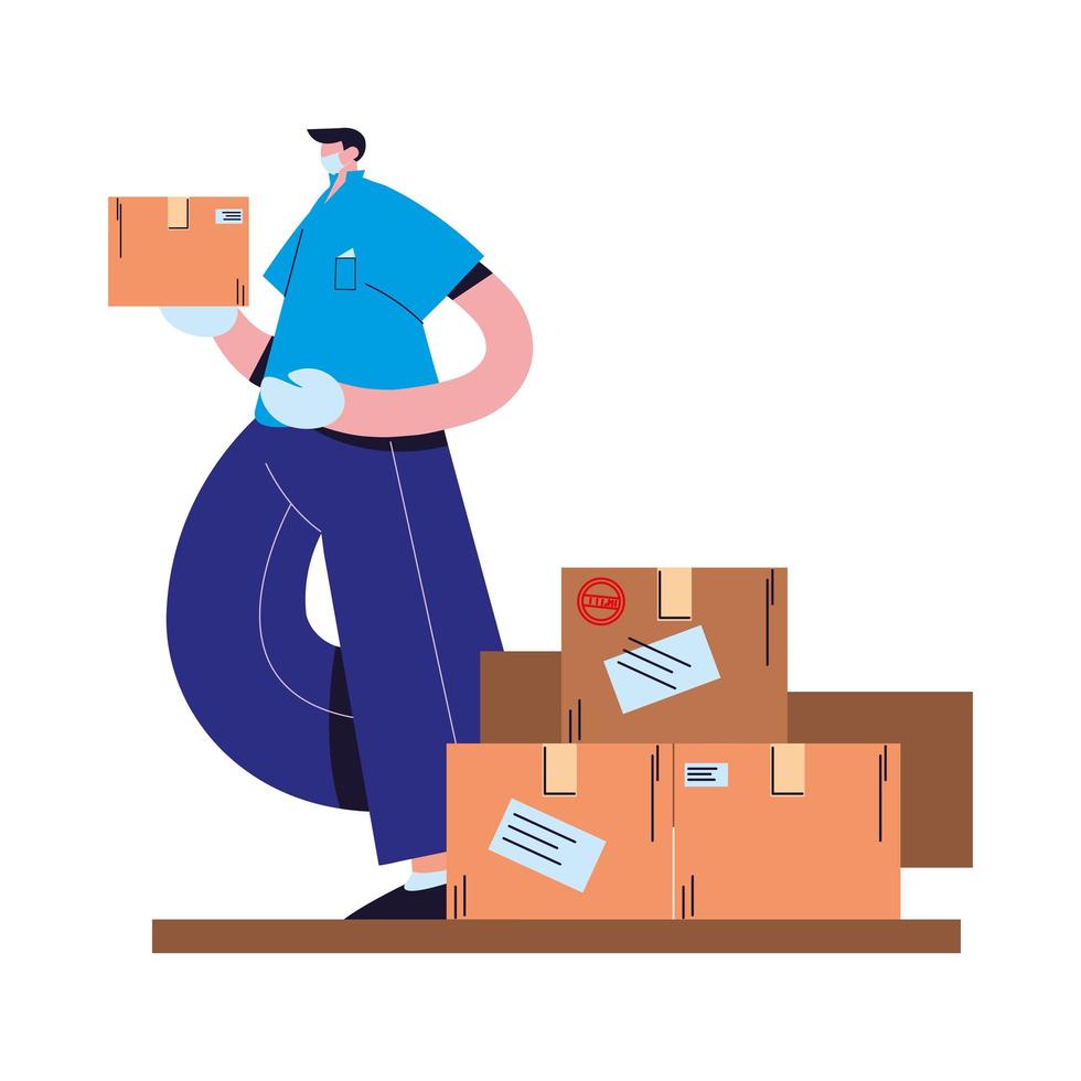 man with face mask, gloves and shipping packages vector