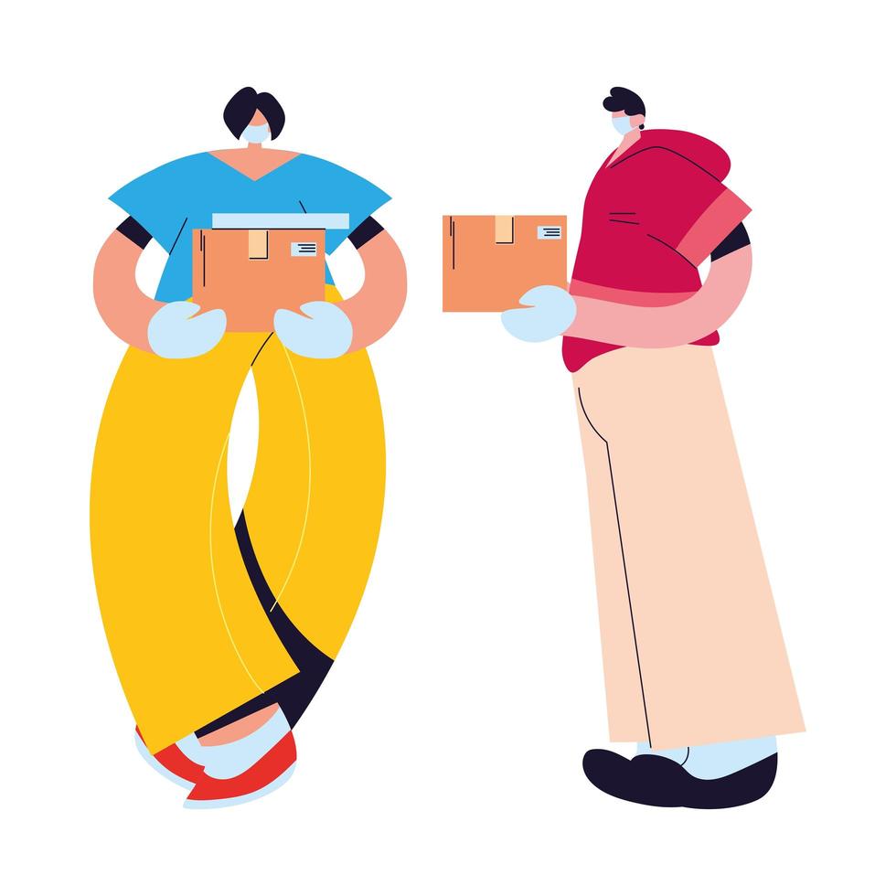 couple with masks and gloves delivering parcels vector