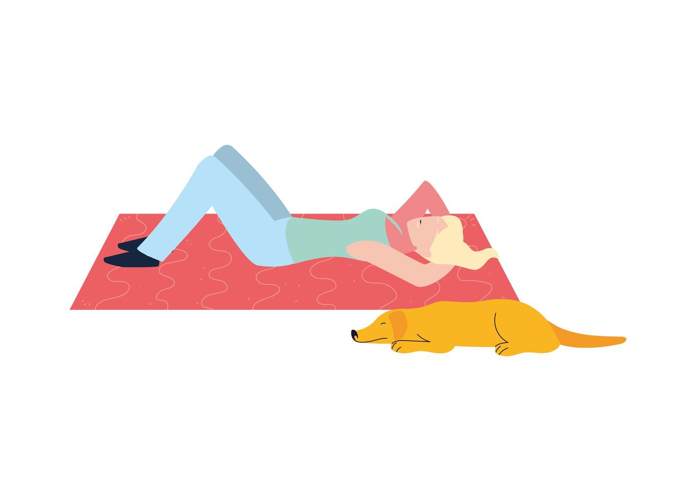 woman doing muscle exercises in the company of her pet vector