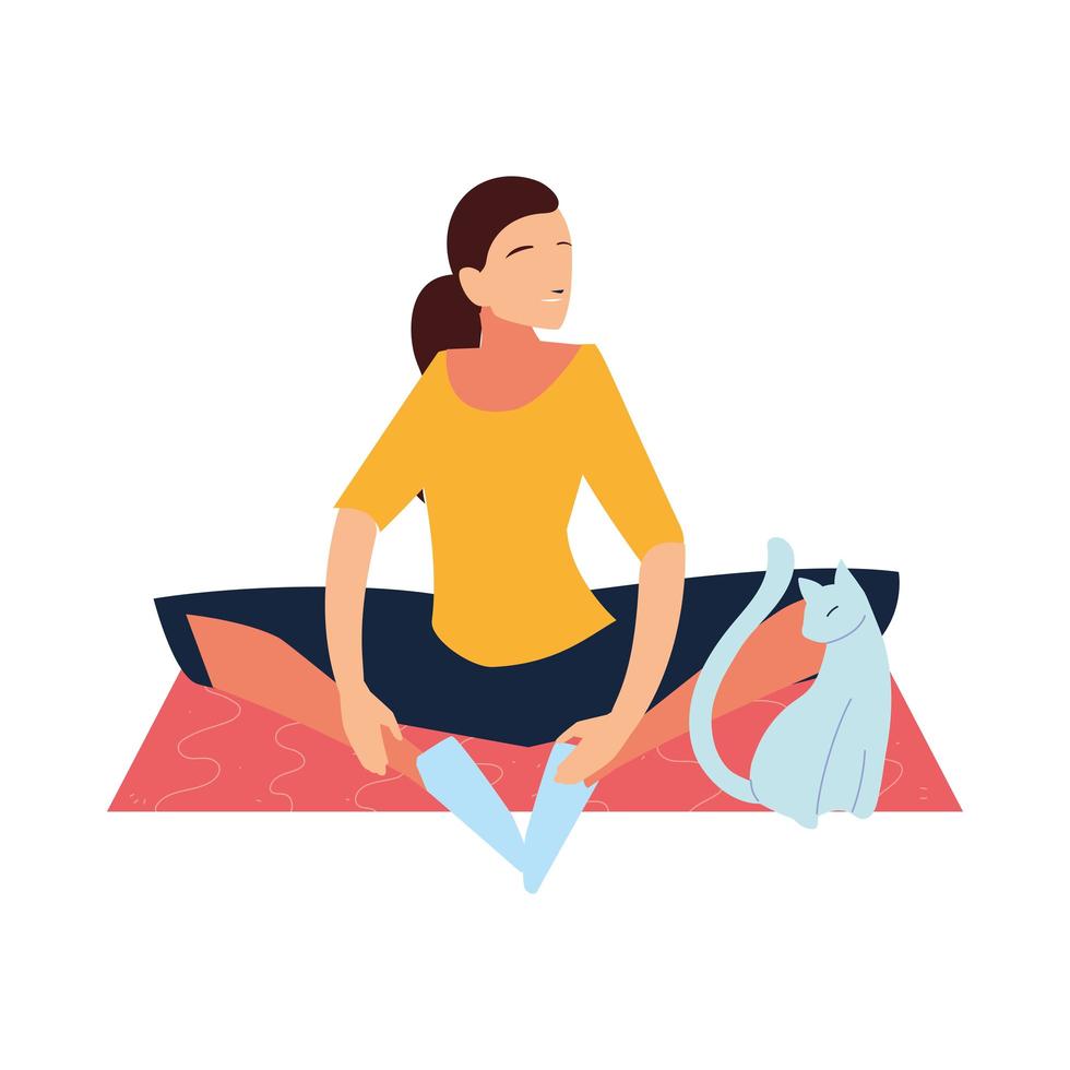 woman doing stretching exercises in the company of her pet vector