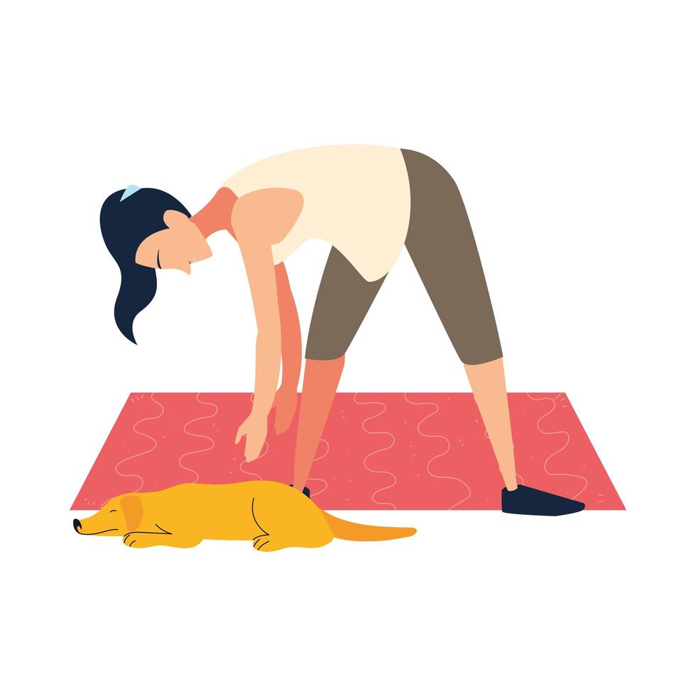 woman doing stretching exercises in the company of her pet vector