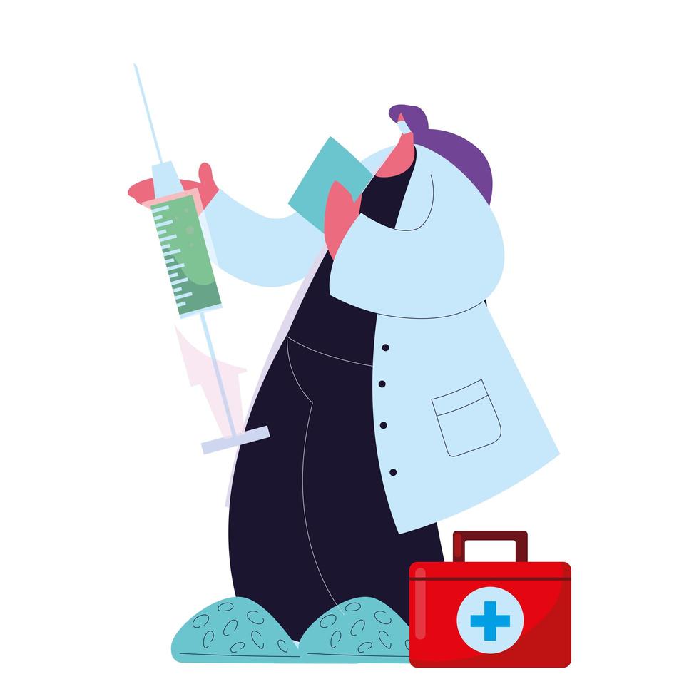 Female doctor in medical uniform with mask and medicine kit vector