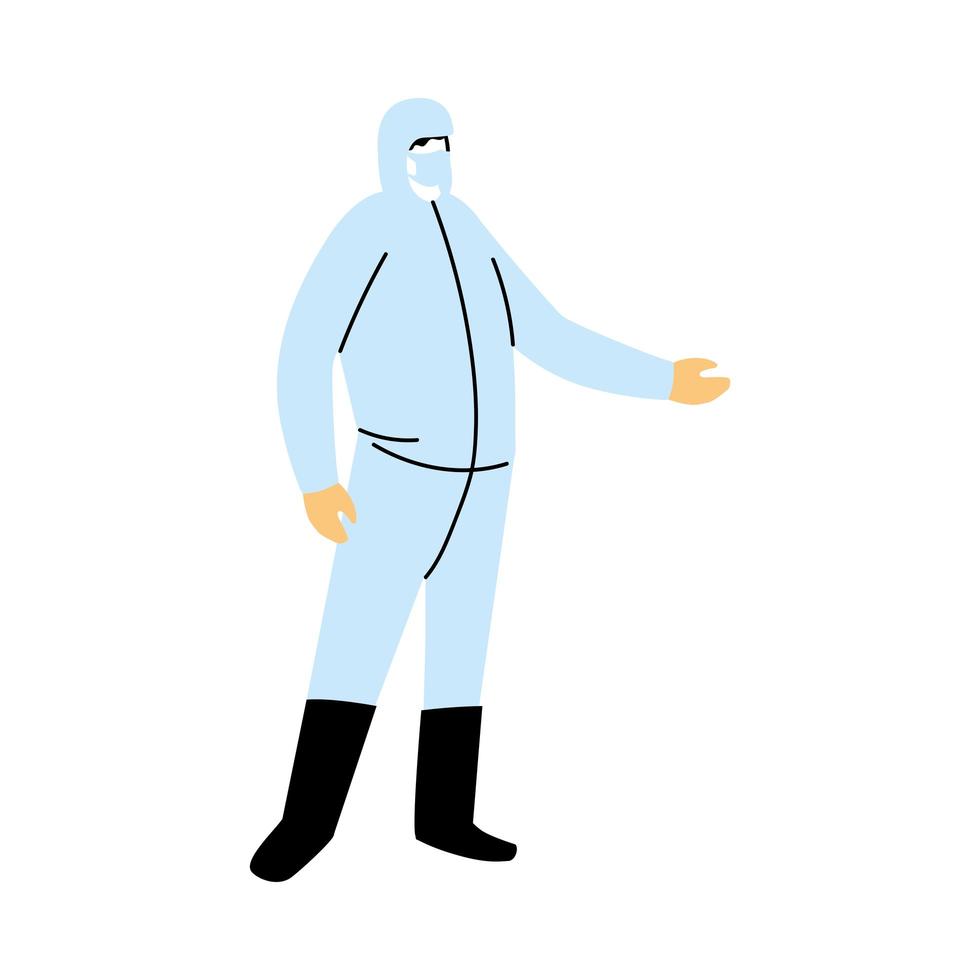 Man wearing protective suit, gloves, boots and mask to avoid covid 19 vector