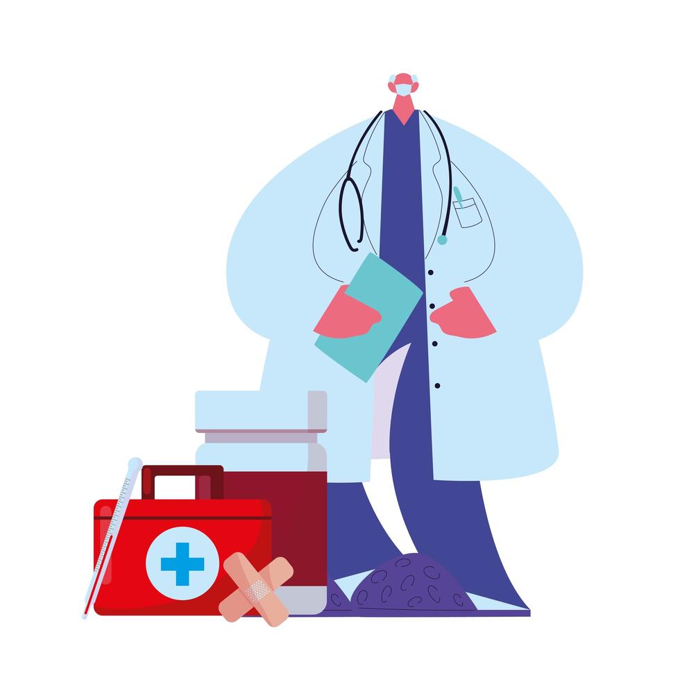 doctor in medical uniform with mask and medicine kit vector