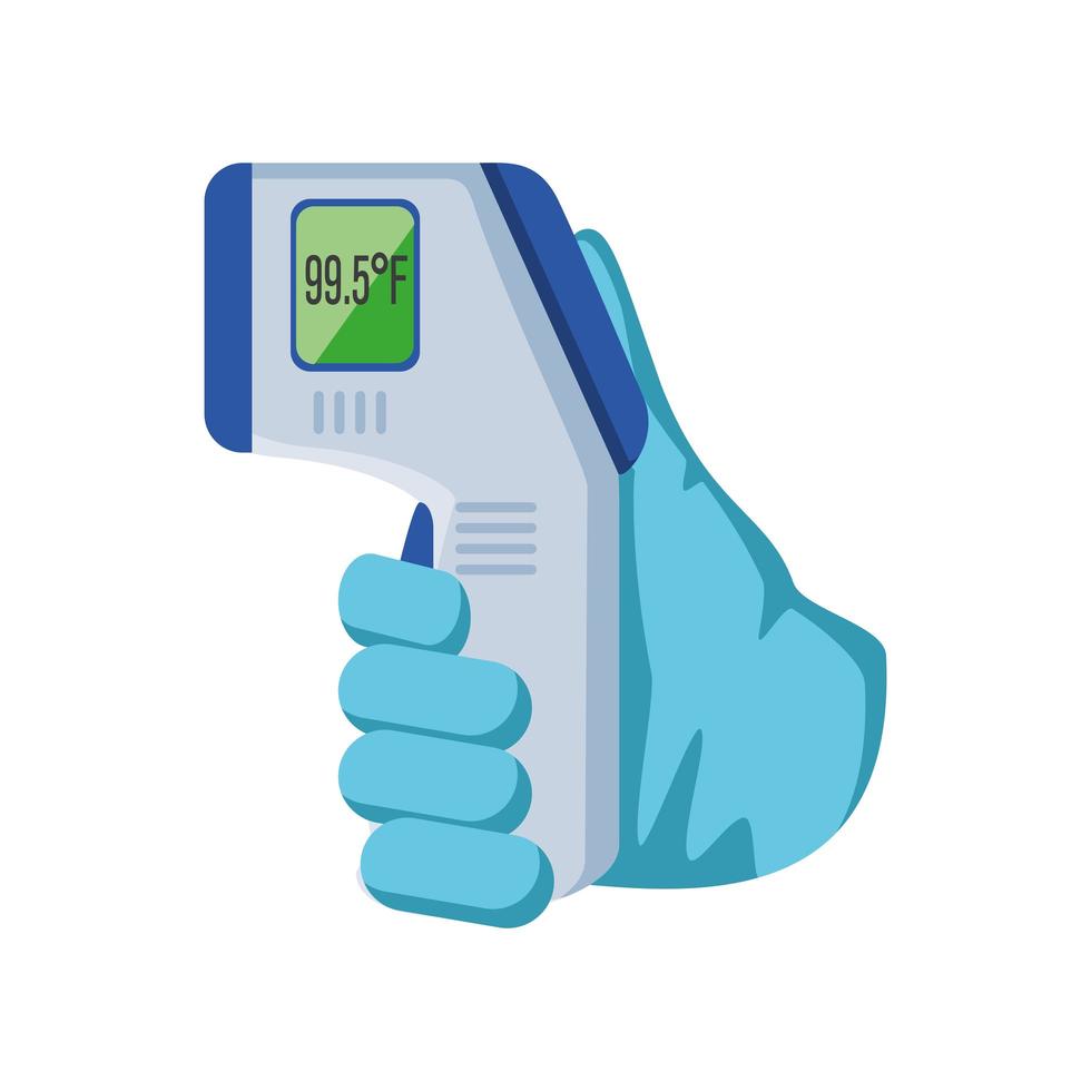 Infrared non contact temperature thermometer gun in hand on white background vector