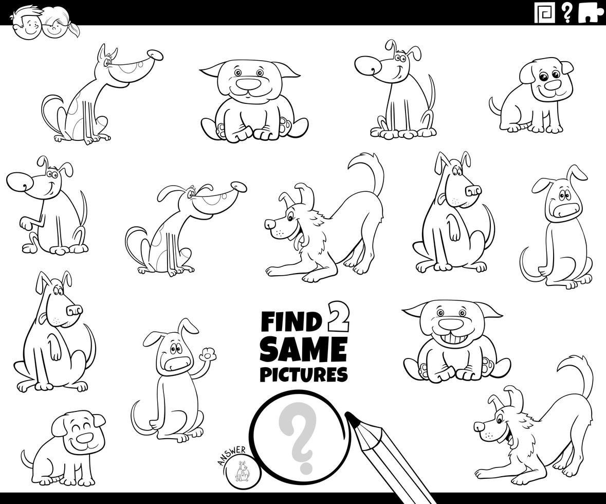 find two same dogs task coloring book page vector