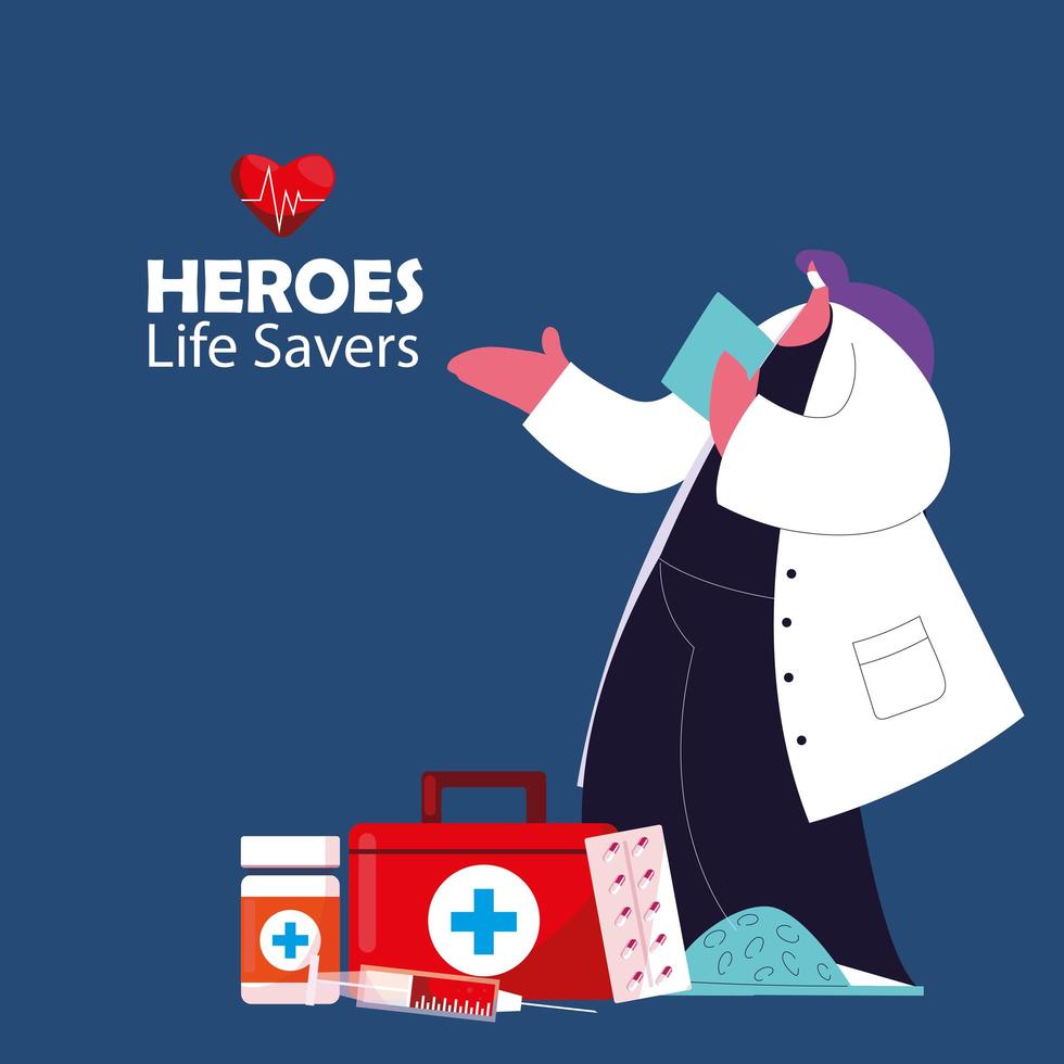 medical heroes working against the coronavirus with masks and medical kit vector