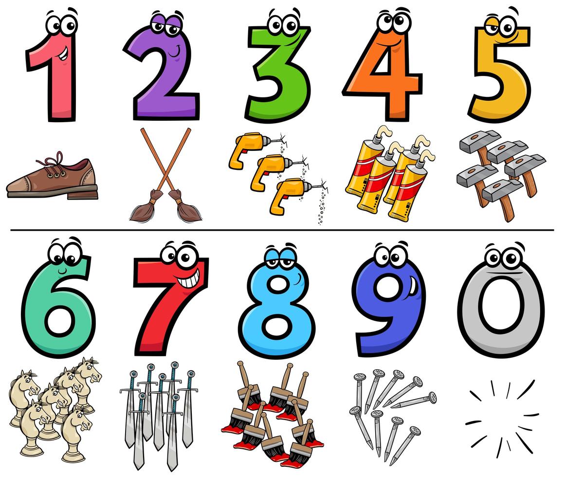 números de dibujos animados educativos con objetos 1915582 Vector en  Vecteezy