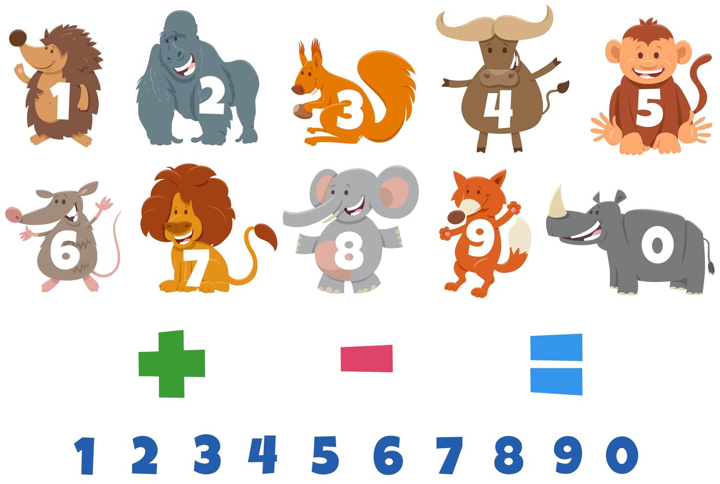 numbers set with cartoon wild animal characters vector