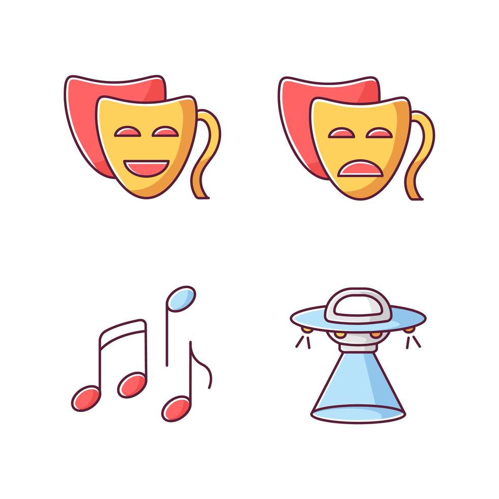 Traditional movie genres RGB color icons set. Funny comedy, serious drama, musical and science fiction. vector