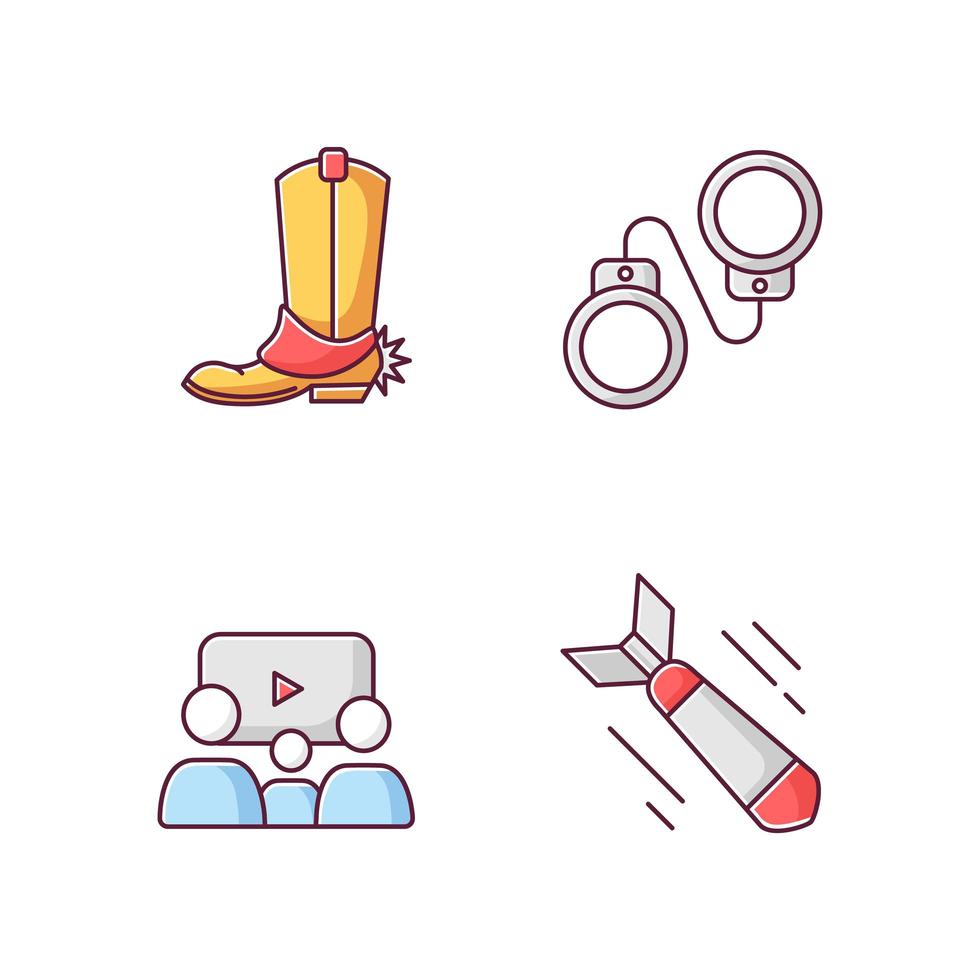 Different film genres RGB color icons set. Western movie, family picture, criminal and war drama. vector