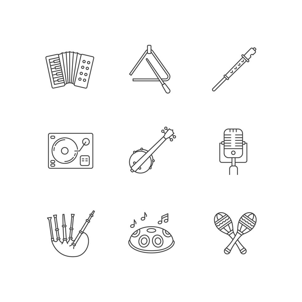 banda, instrumentos musicales, pixel, perfecto, lineal, iconos, conjunto vector