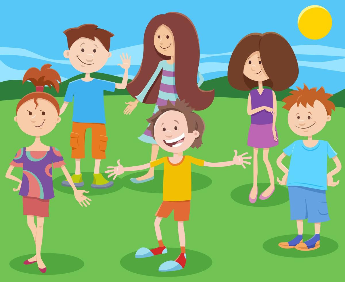cartoon happy children or teenagers characters group vector