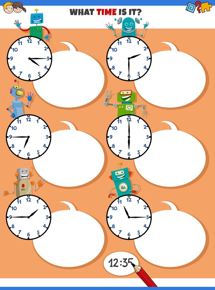 telling time educational task with funny robots vector