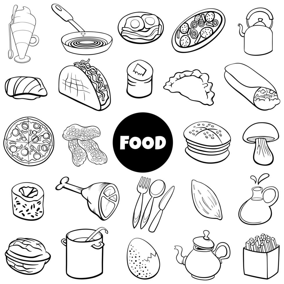 black and white food objects big set cartoon illustration vector