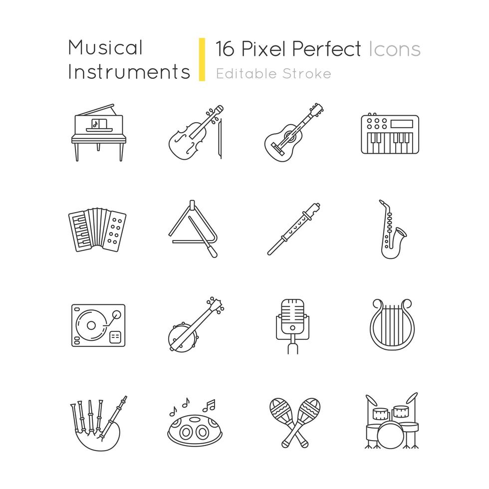 Conjunto de iconos lineales perfectos de píxeles de instrumentos orquestales vector