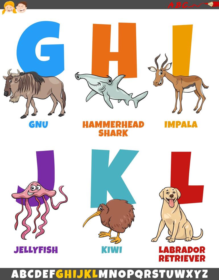 cartoon alphabet set with animal characters vector