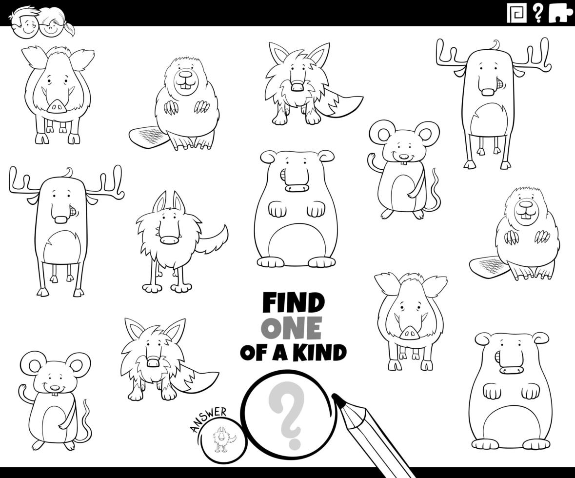 one of a kind game with animals coloring book page vector