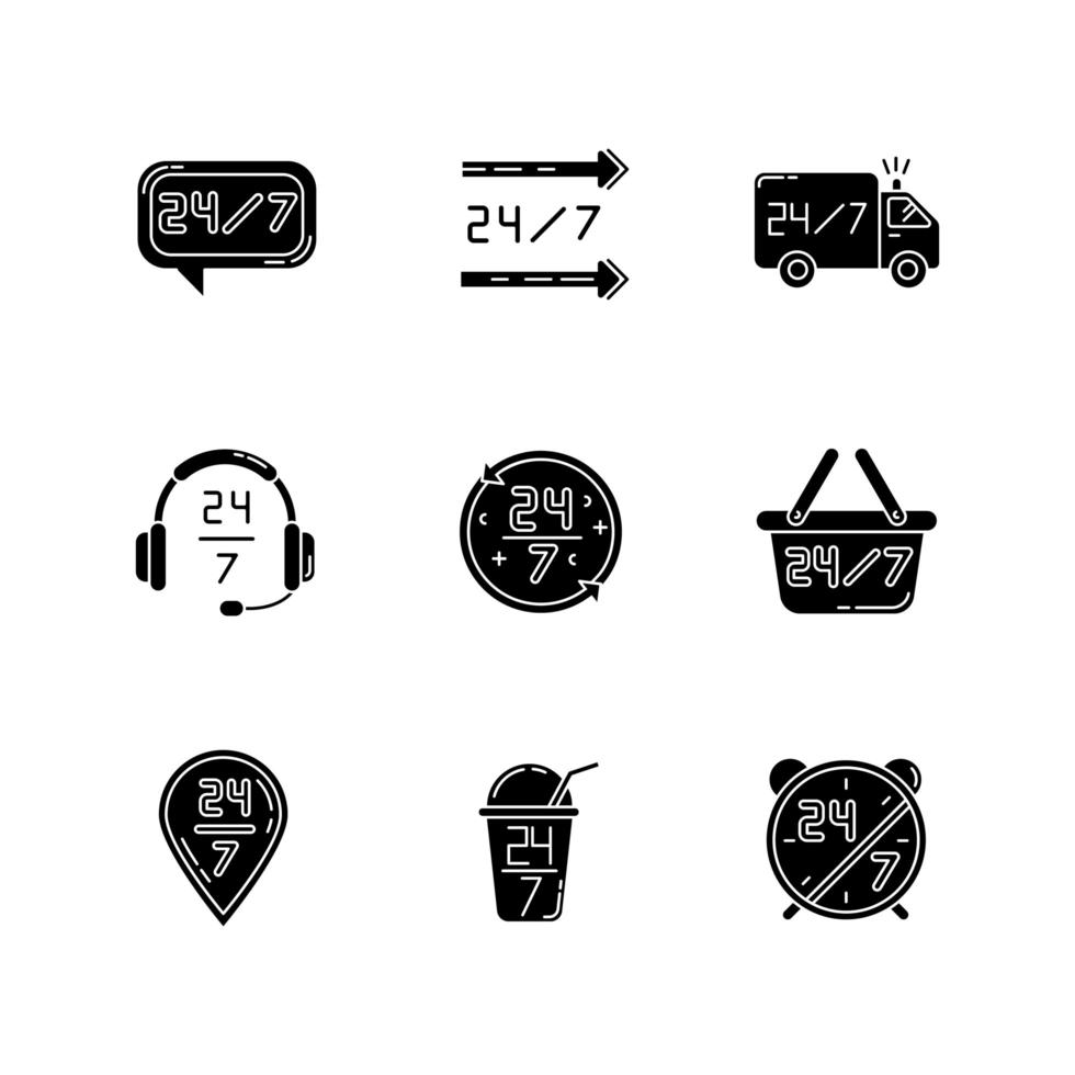 24 iconos de glifo negro de servicio de 7 horas en espacio en blanco. mesa de ayuda siempre disponible. veinticuatro siete entrega. signo de camión de transporte. símbolos de silueta. vector ilustración aislada