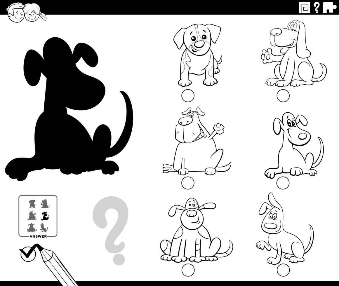 shadows game with cartoon dogs color book page vector