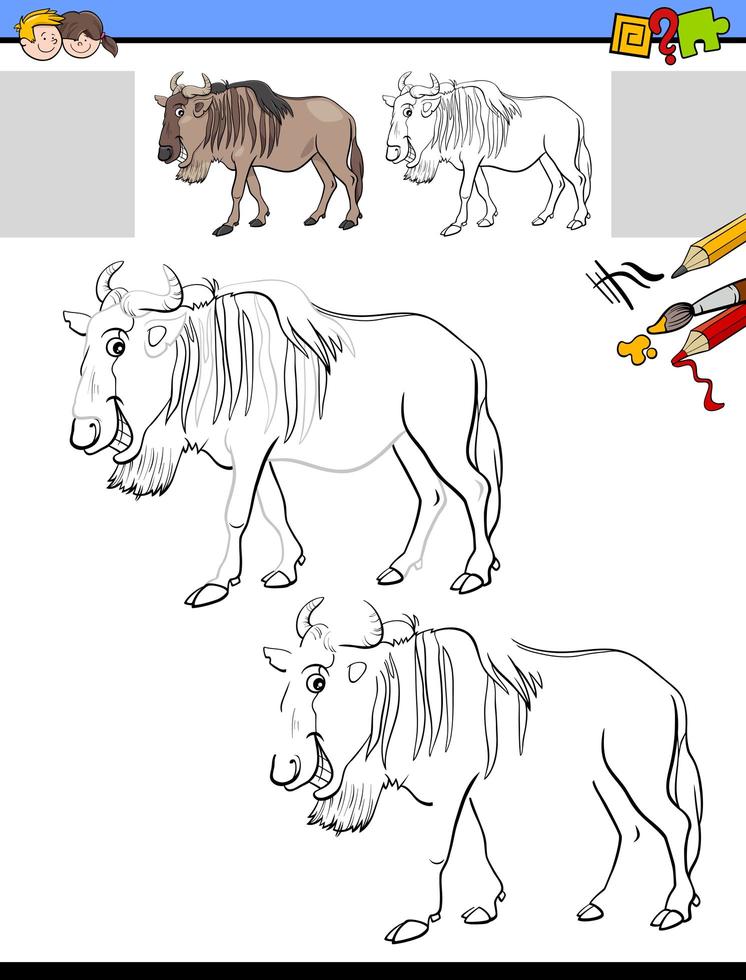 drawing and coloring worksheet with wildbeast animal vector