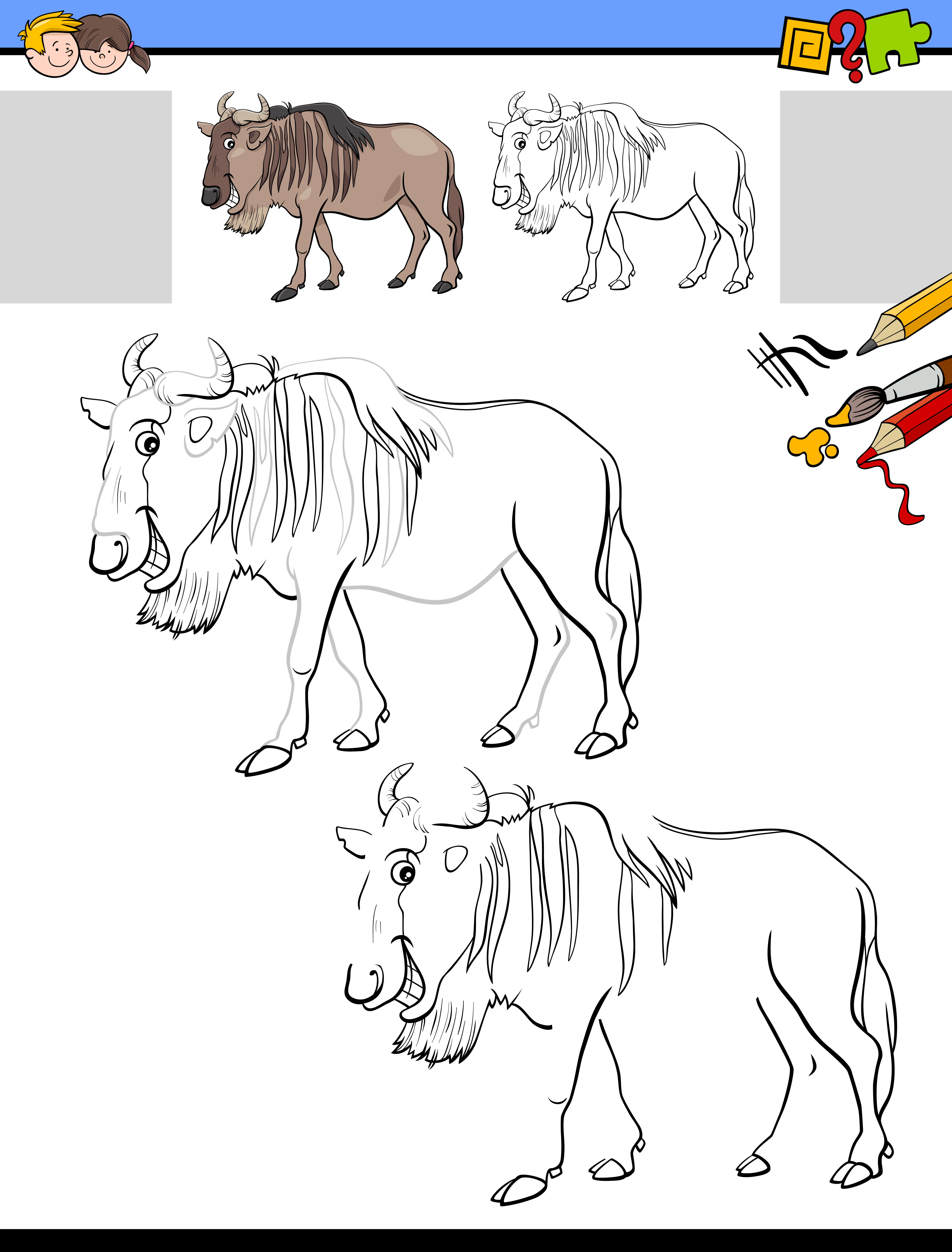 drawing and coloring worksheet with wildbeast animal 1915741 Vector Art at  Vecteezy